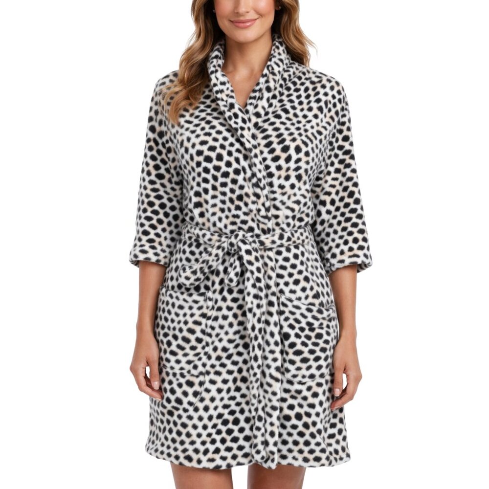 Joan Vass Leopard Print Fleece Robe Plush Animal Print Bathrobe 3/4 Sleeve OS
